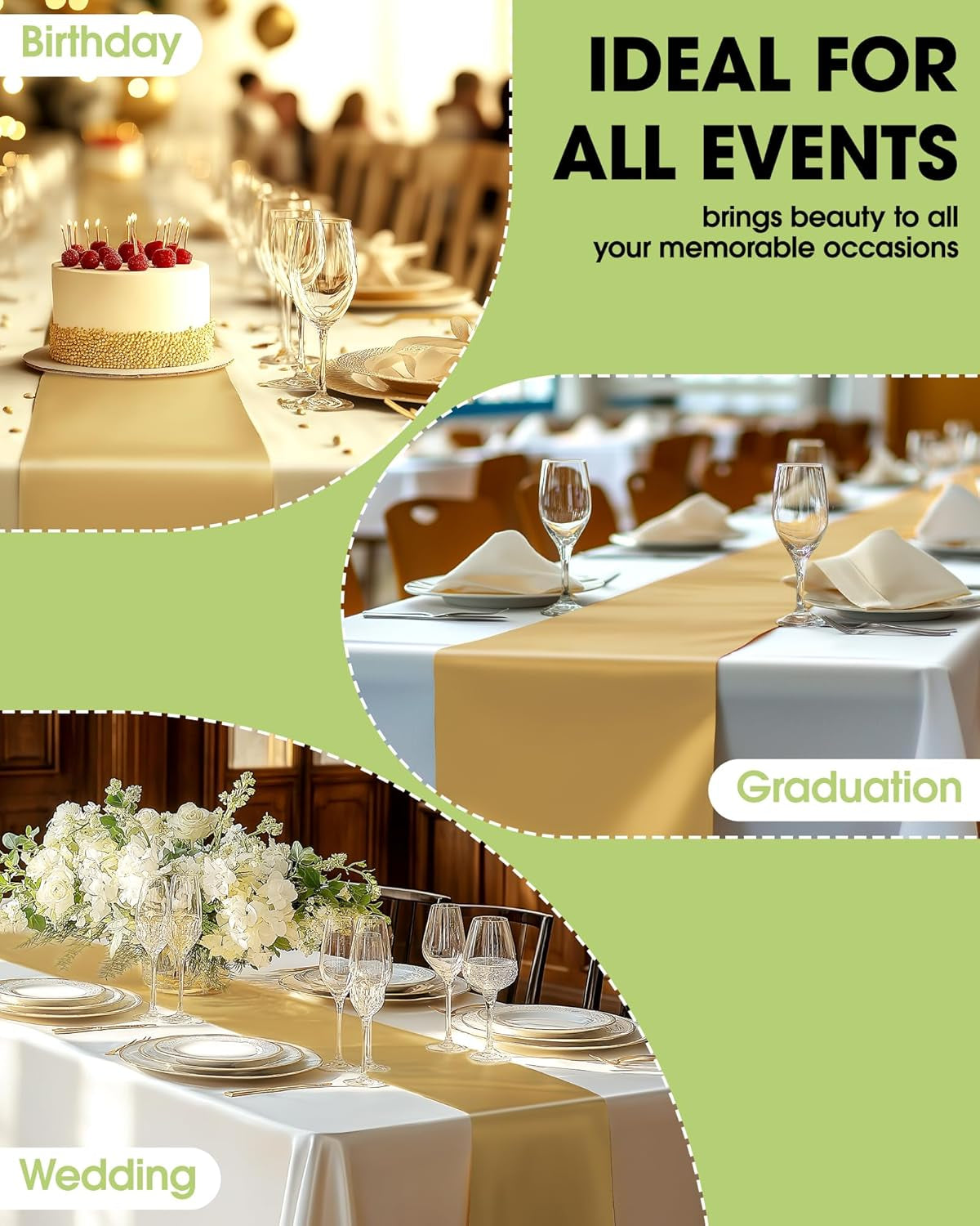 Gold Plastic Table Runners - 12 Pack, 14'' X 108'', Water Resistant & Disposable Centerpiece Decorations for Table Cloth, Wedding, Birthday, Holiday, Baby Shower, Party, Home Decor