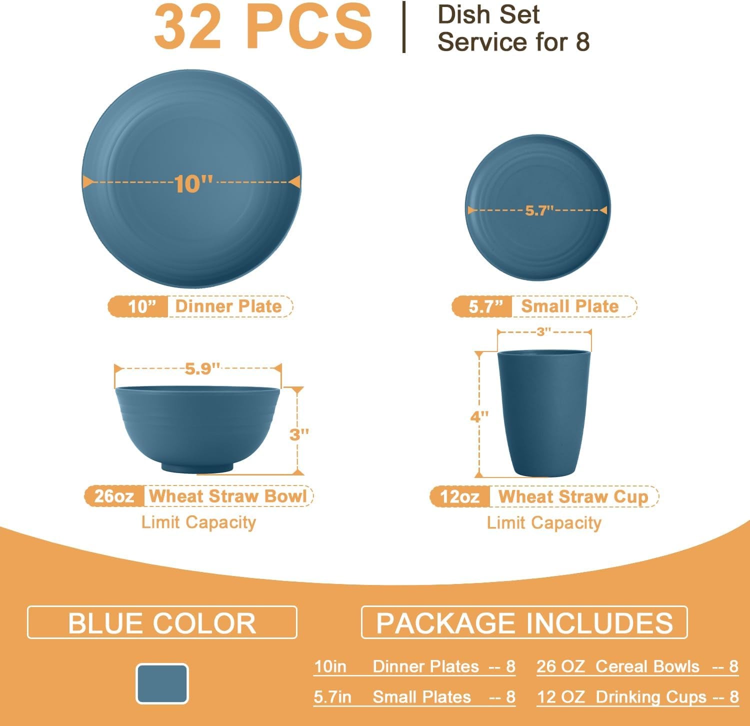 Premium Wheat Straw Dinnerware Set - Complete with Dinner Plates, Dessert Plates, Cereal Bowls, and Drinking Glasses - Microwave and Dishwasher Safe - Perfect for Camping - Blue