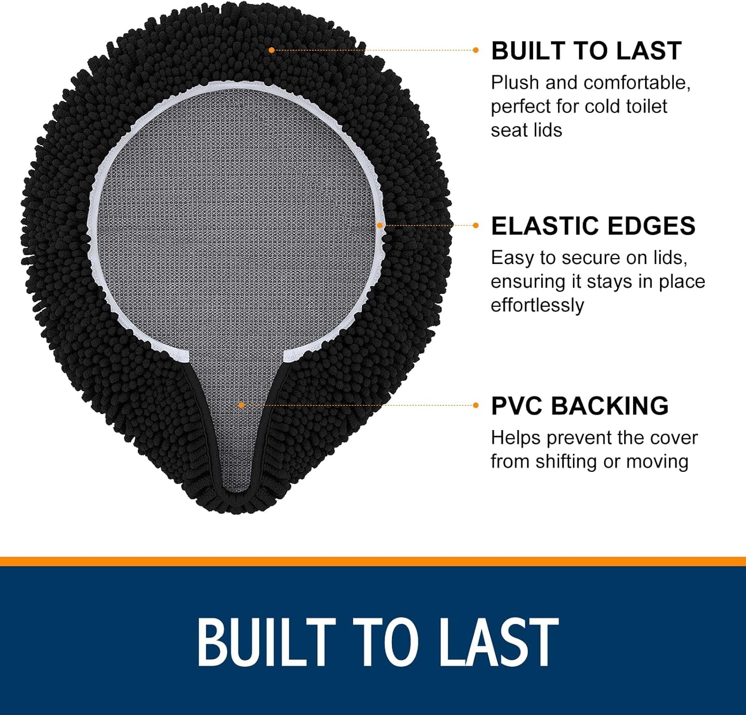 Soft Chenille Bathroom Toilet Lid Cover, Machine Washable Covers, 17.5X15, Fits Most Round, Elongated and Oblong Lids, Accessories Decor, Black