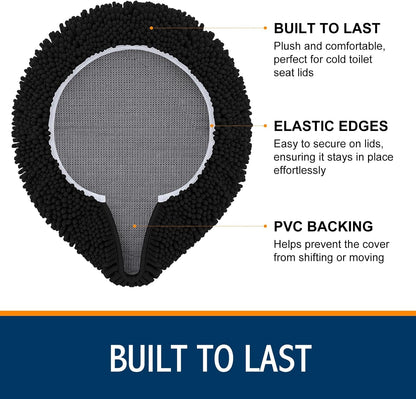 Soft Chenille Bathroom Toilet Lid Cover, Machine Washable Covers, 17.5X15, Fits Most Round, Elongated and Oblong Lids, Accessories Decor, Black