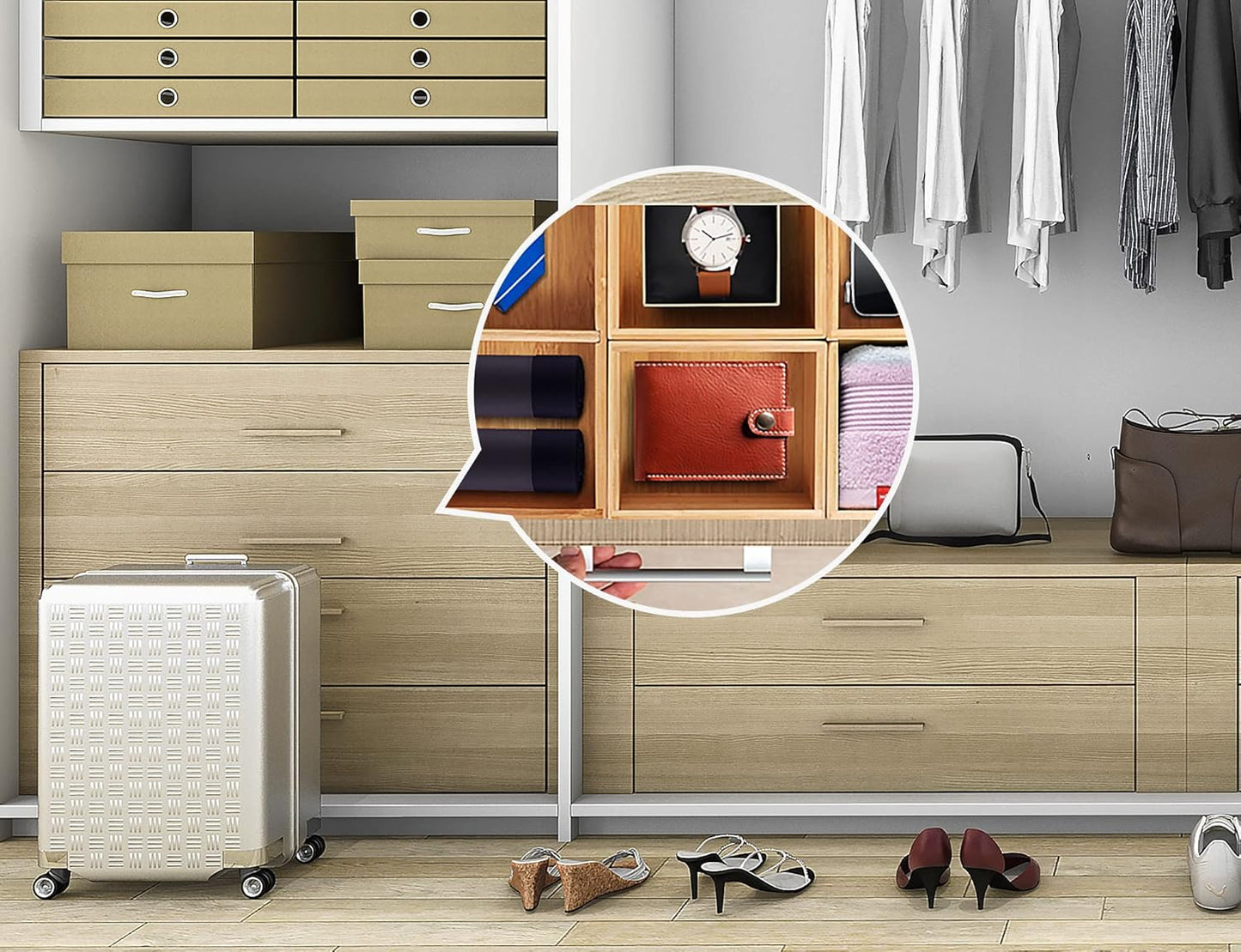 Bamboo Drawer Organizer with Removable Dividers, 6 Pcs Adjustable Kitchen Drawer Organizer Utensils Bamboo Organizers Silverware Storage Box Cutlery Tray Multi-Use for Bathroom, Makeup, Office