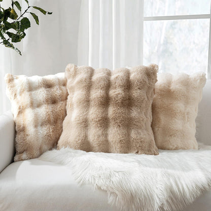 Set of 2 Luxurious Faux Fur Lumbar Pillow Covers, Soft Plush Decorative Cushions for Couch, Bedroom, and Living Room, 12x20 Inch, Khaki