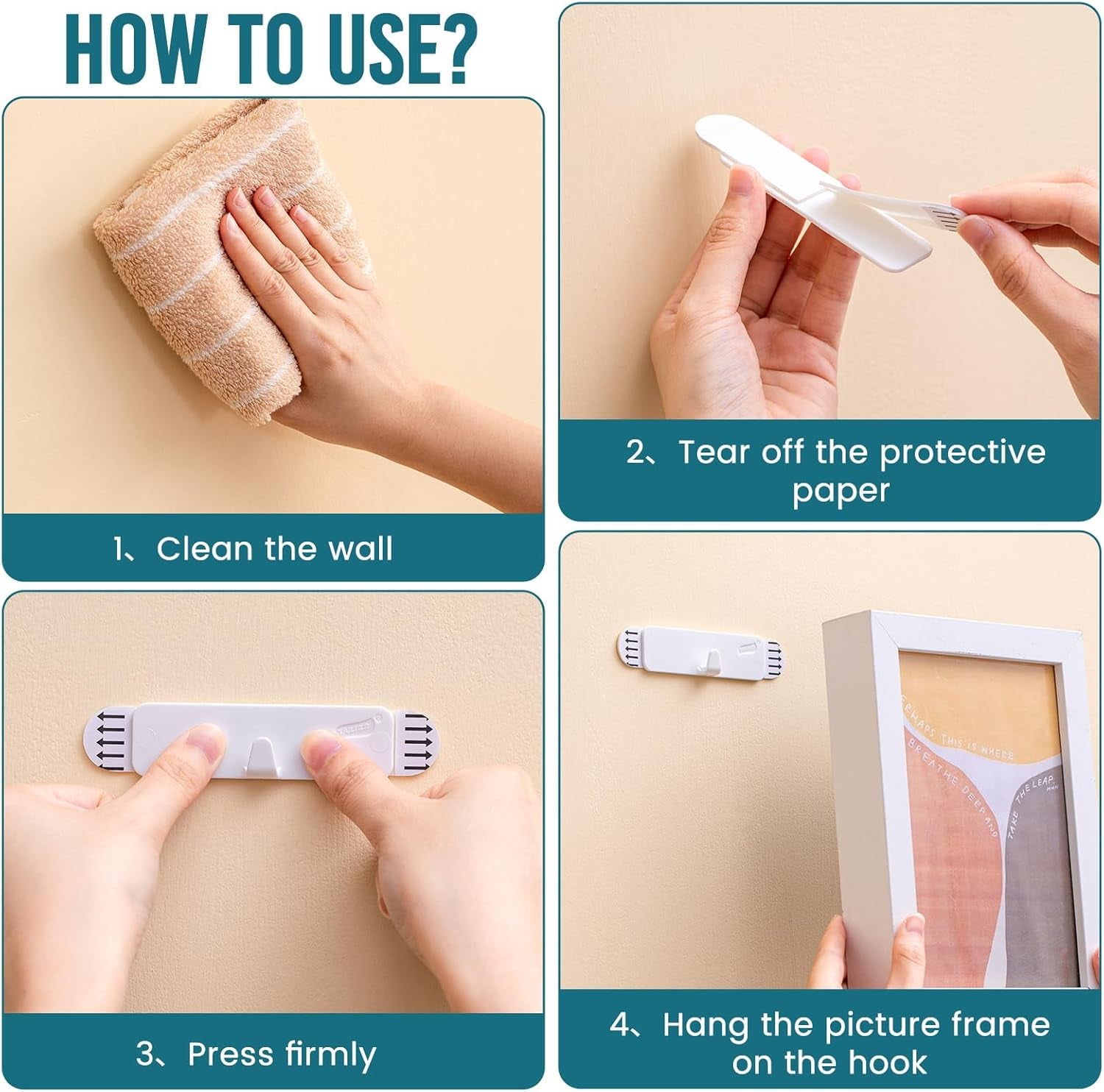 Picture Hangers 4 Pack, Adhesive Hanging Hooks without Nails, No Damage Sawtooth Hangers, Art Hanger for Bathroom Kitchen Home Door Closet, Inclue 2 Extra Strips