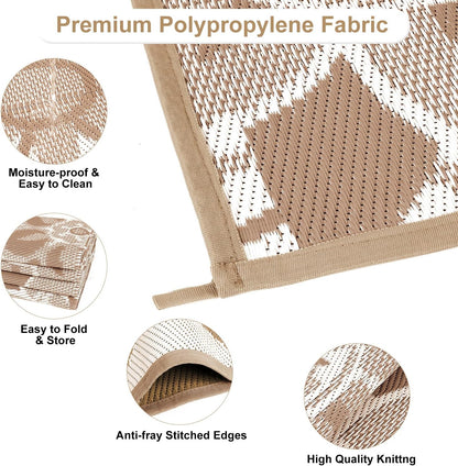 Reversible Waterproof Outdoor Rug for Patio, 6' x 9' Plastic Straw Area Mat, Ideal for RVs, Decks, Porches, Picnics, Beaches, and Balconies in Brown and White