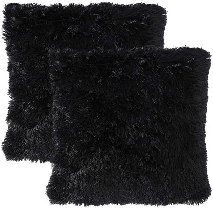 Pack of 2 Luxury Faux Fur Throw Pillow Cover Deluxe Winter Decorative Plush Pillow Case Cushion Cover Shell for Sofa Bedroom Car 18 X 18 Inch Black
