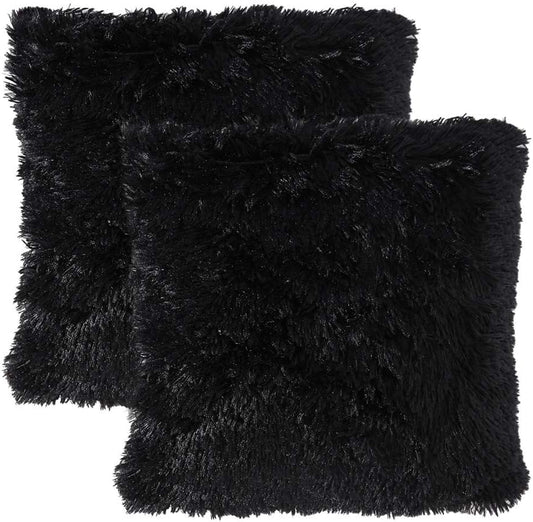 Pack of 2 Luxury Faux Fur Throw Pillow Cover Deluxe Winter Decorative Plush Pillow Case Cushion Cover Shell for Sofa Bedroom Car 18 X 18 Inch Black