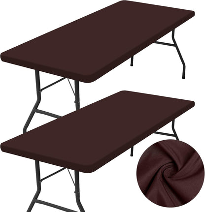 2 Pack Rectangle Table Cloth, Elastic Fitted Fabric Tablecloth Fits for 5 Foot Folding Tables, Washable Table Cover for Picnic, Camping, Indoor & Outdoor (Coffee, 30" X 60")