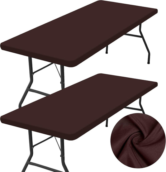 2 Pack Rectangle Table Cloth, Elastic Fitted Fabric Tablecloth Fits for 5 Foot Folding Tables, Washable Table Cover for Picnic, Camping, Indoor & Outdoor (Coffee, 30" X 60")