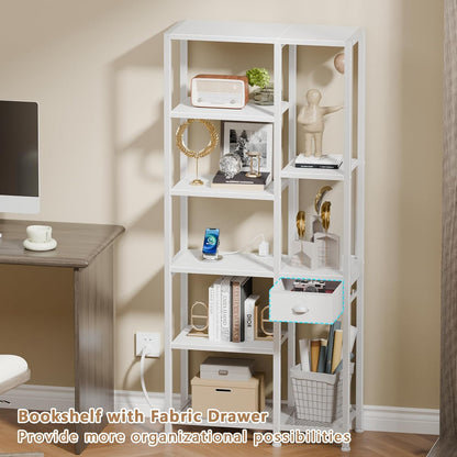 6-Tier Bookshelf with Charging Station, Double Display Shelf with Drawer, Tall Freestanding Bookcase, Metal Open Book Shelf for Living Room, Bedroom, Home Office, White