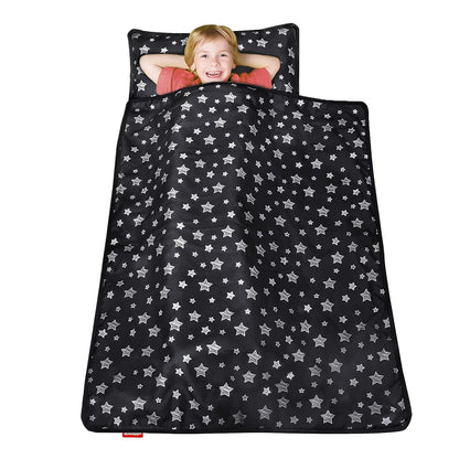 Toddler Sleeping Bag Nap Mat Black with Fleece Blanket, Lightweight, Soft Perfect for Kids Preschool, Daycare, Travel Sleeping Bag Boys Girls, 21" X 50" Fit Standard Cot