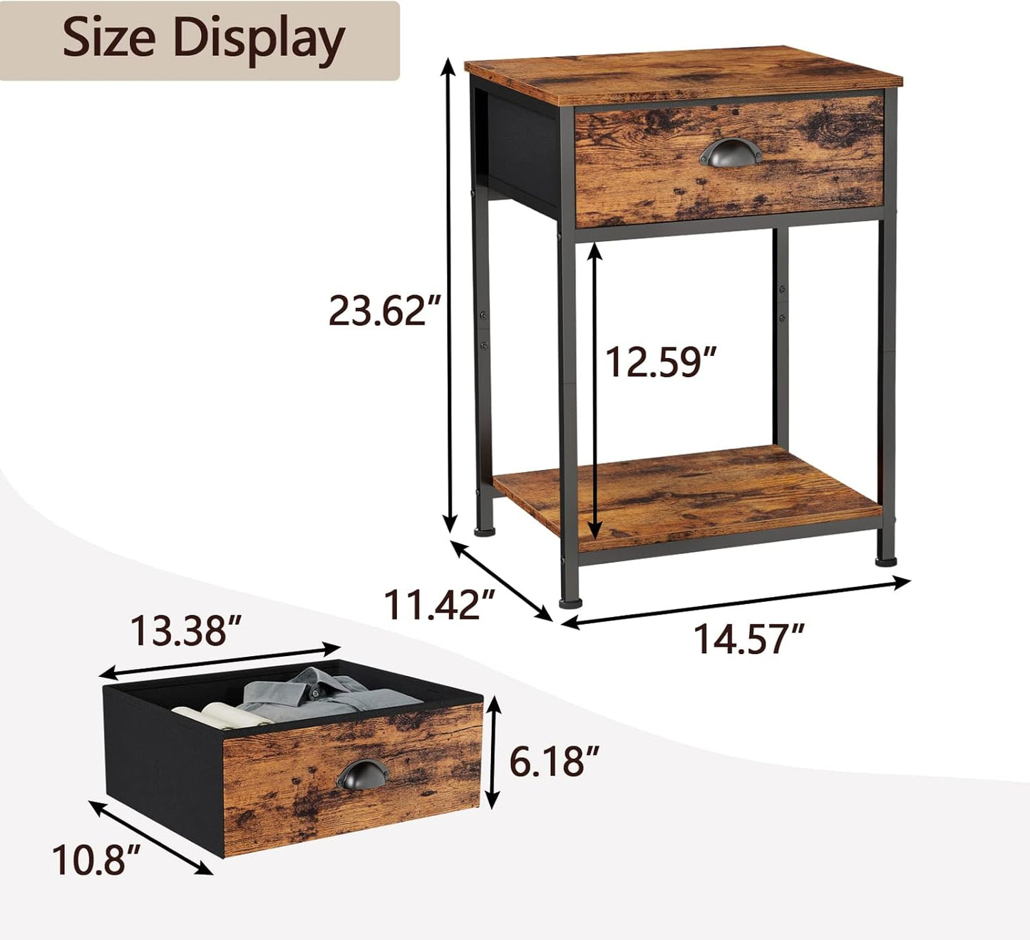 End Table with Storage Shelf and Fabric Drawer, 2 Tiers Industrial Nightstand, Bedside Table Organizer for Living Room Bedroom, Rustic Brown, Easy Assembly