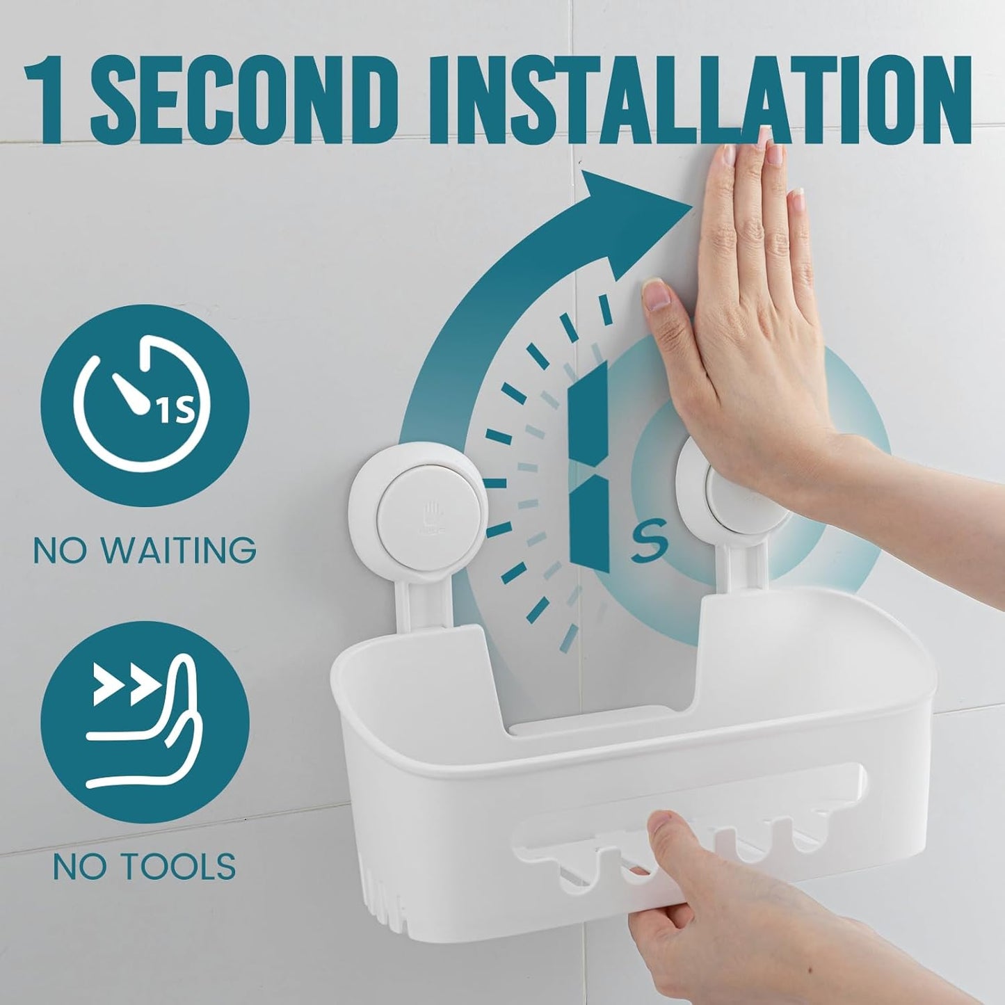 Shower Caddy Suction Cup, Heavy Duty Bathroom Organizer, Removable Shelves for inside Shower, Shampoo, Waterproof Suction Plastic Storage for Bathroom Accessories Holder, White