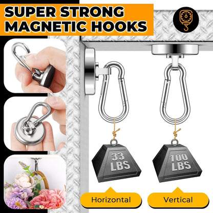 Heavy-Duty 100Lbs Neodymium Grade-52 Magnetic Hooks with Swivel Carabiner - 4 Pack for Versatile Hanging in Home, Office, Kitchen, Garage, and Cruise Use
