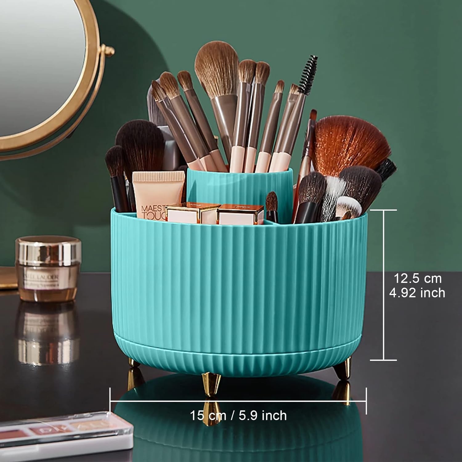 360 Rotating Makeup Brush Organizer with 5 Sections, Spining Countertop Swivel Makeup Brush Holder for Cosmetics, Nail Polish, Art Supply, Bathroom Vanity Desktop Organizer - Blue
