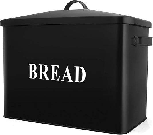 Extra Large Bread Box with Lid, Metal Bread Storage Container for Farmhouse Kitchen Countertop, 13.1” X 11.81” X 7.2” Inches for Holding 2+ Loaves, Indoor & Outdoor Use, Black