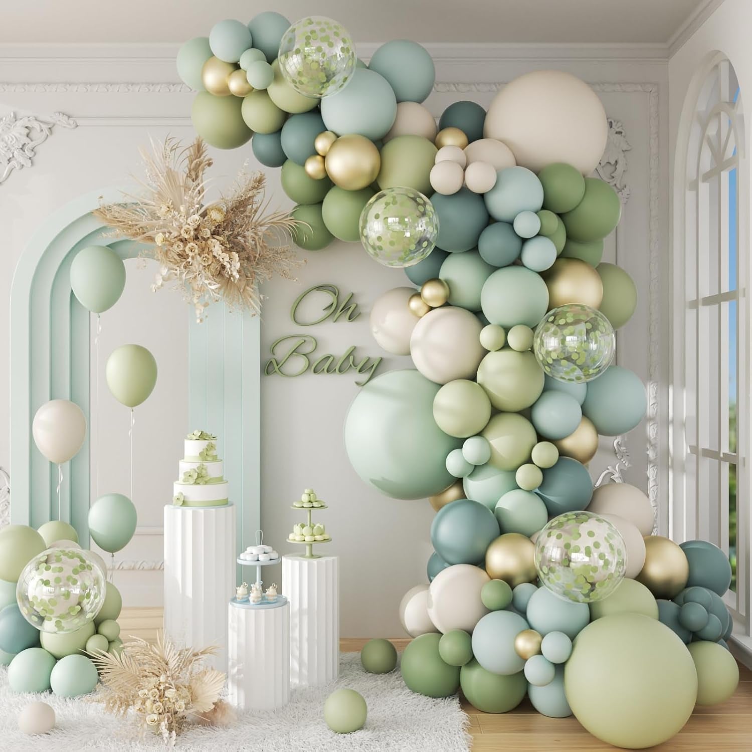 141Pcs Sage Green Balloon Arch Kit, Dusty Blue Balloon Arch Kit with Gold White Sand Pastel Green Confetti Balloons for Boho Birthday Baby Shower Decorations