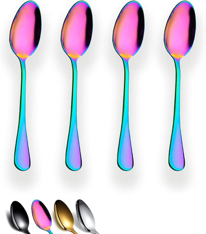 Set of 4 Rainbow Teaspoons, 6.5" Stainless Steel with Titanium Plating, Multi-Color Dessert Spoons, Easy to Clean and Dishwasher Safe