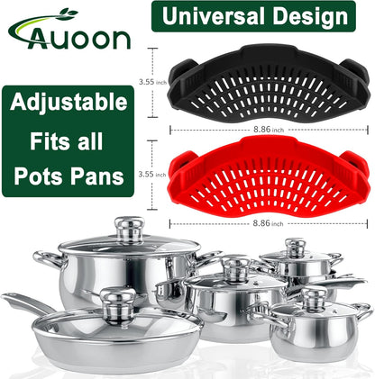 2PACK  Clip on Strainer for All Pots Pans - Silicone Kitchen Colander Food Strainer for Pasta Meat Vegetable Fruits | Easy to Use and Store, Dishwasher Safe (Blackred)