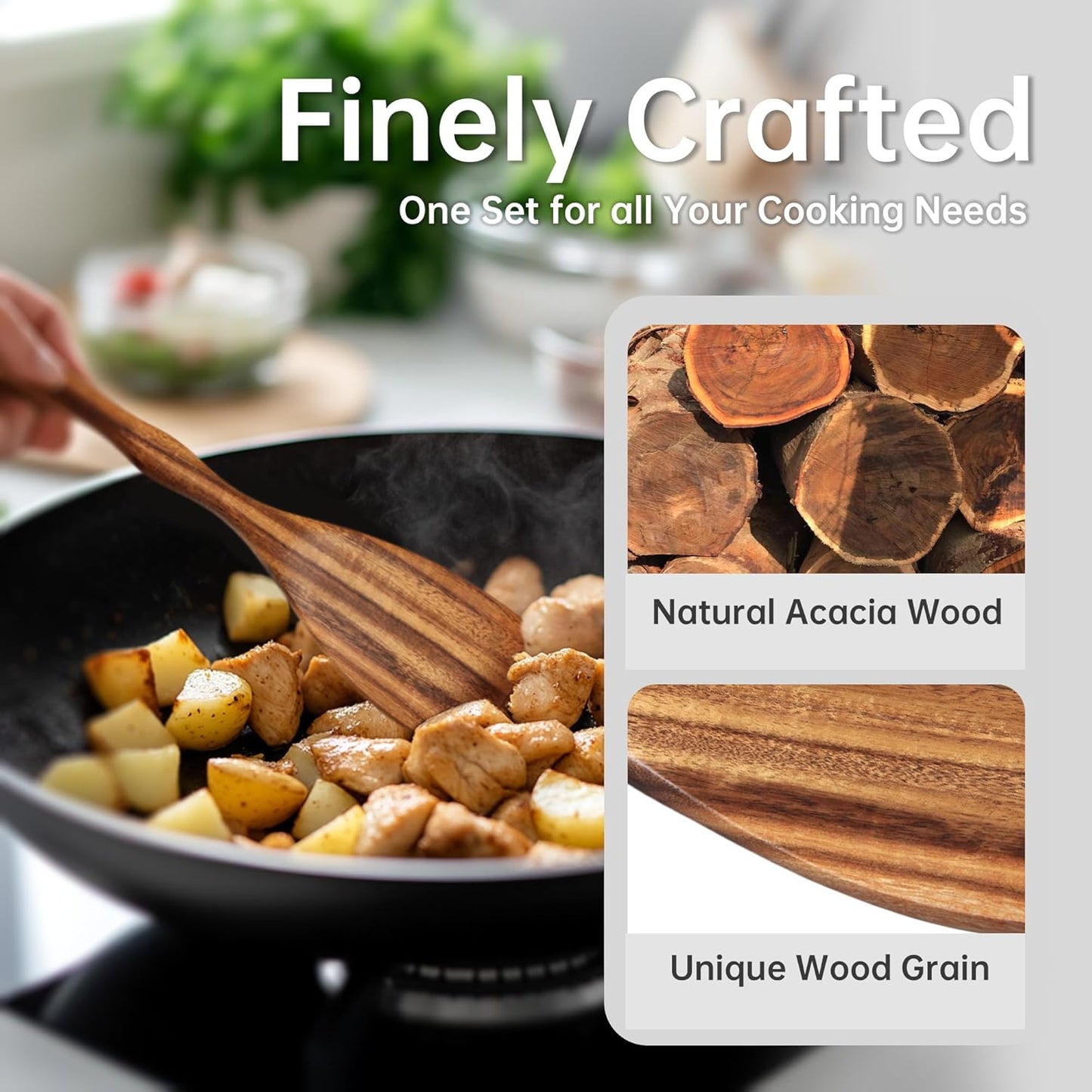 Acacia Wooden Spoons for Cooking – 6-Piece Wooden Kitchen Utensil Set with Spatula, Slotted Spoon & Pasta Fork