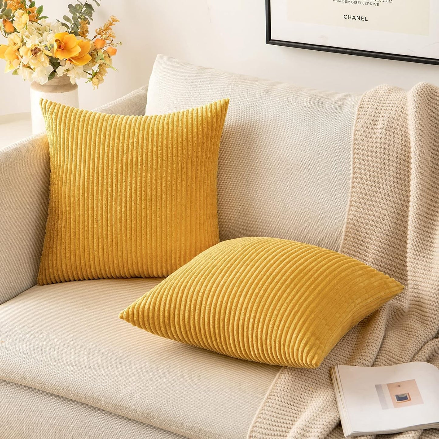 Pack of 2 Pillow Covers Soft Soild Decorative Square Throw Pillow Covers Set Cushion Cases Pillowcases for Sofa Bedroom Car 18 X 18 Inch 45 X 45 Cm Mustard Yellow