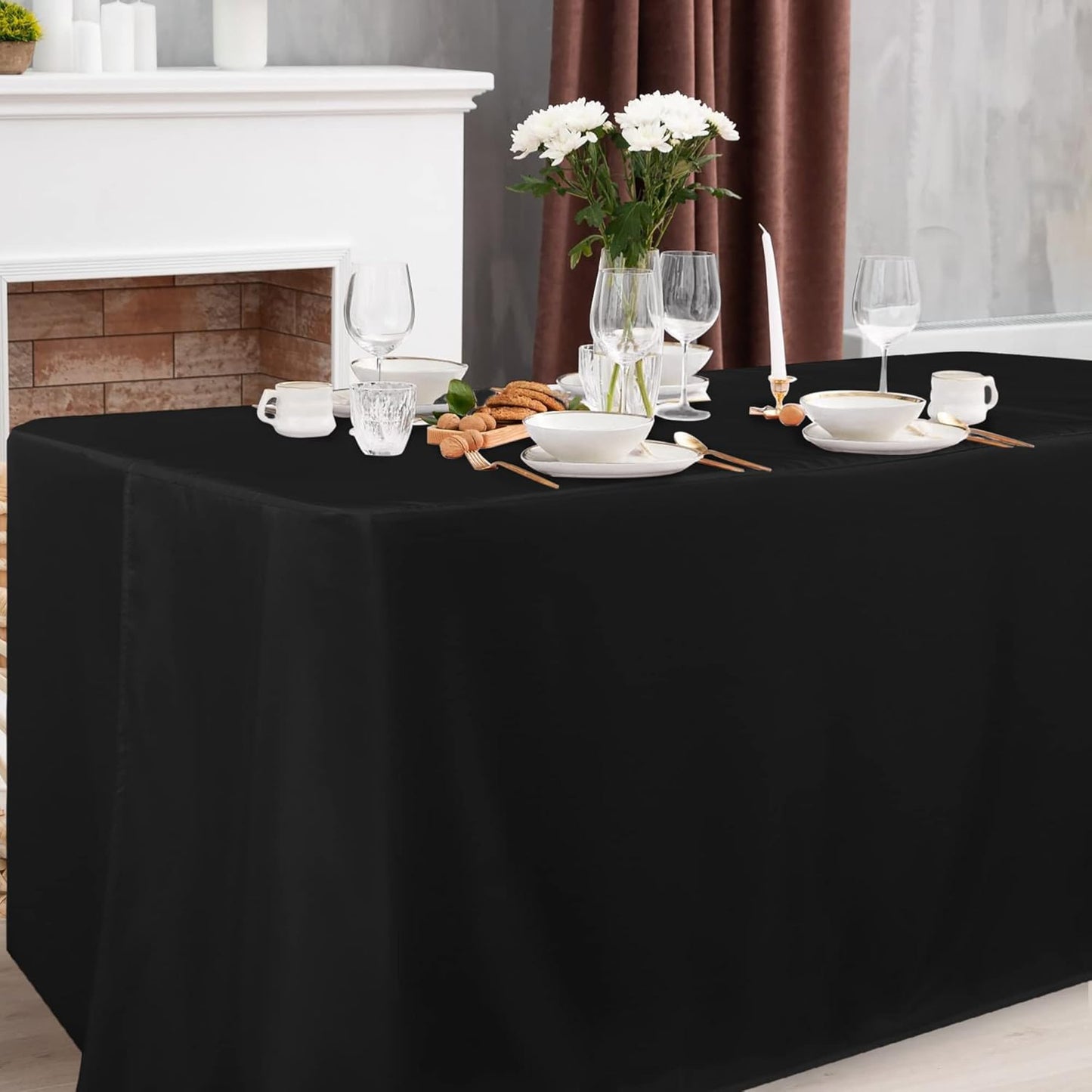 Black Tablecloth Fitted for 6Ft Rectangle Table - Water Resistant Polyester Table Cover for Indoor/Outdoor Use, 72X30 Inches