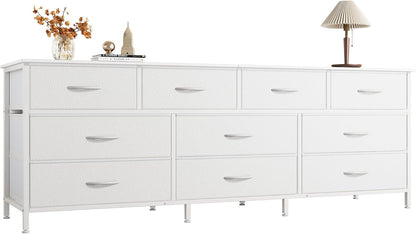 63-Inch White Dresser with 10 Fabric Drawers, Versatile TV Stand for 55 to 70 Inch TVs, Ideal Toy Storage Organizer for Bedroom or Closet