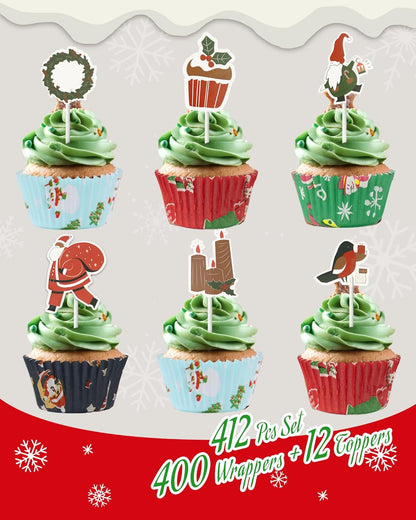 400 Pcs Christmas Cupcake Liners with 12 Pcs Cupcake Toppers, Mini Cupcake Liners, Mini Muffin Liners for Xmas Party, Baby Shower, Christmas Holiday, Birthday Party