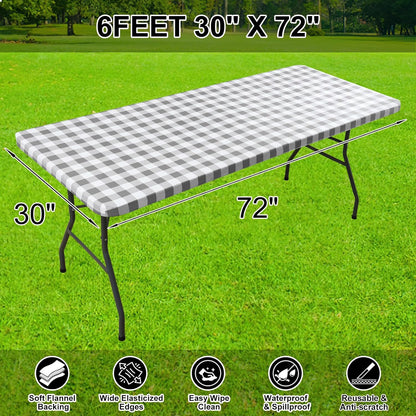 Rectangle Elastic Waterproof Fitted Vinyl Tablecloths with Flannel Backing, Buffalo Plaid Design for Dining and Outdoor Use (White and Grey, 30" x 72")