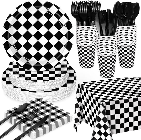 176 PCS Race Car Birthday Party Decorations Black and White Gingham Plates and Napkins, Cups Plastic Spoons Forks Knives, Cutlery for Cars Birthday Decorations, Serves 25