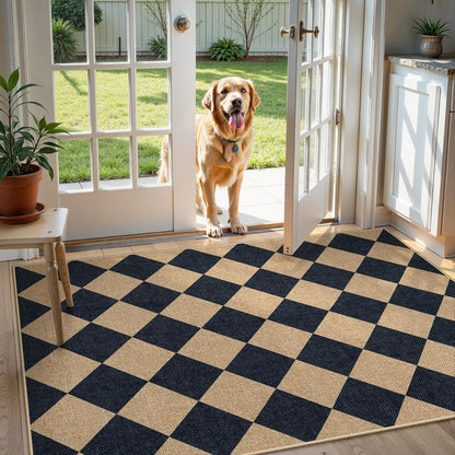 Checkered Easy Jute 3X5 Outdoor Patio Rug, Washable Rugs for Entryway Diamond Indoor Outdoor Living Room Carpet, Farmhouse Neutral Non Slip Black Door Carpet for Backyard Bedroom