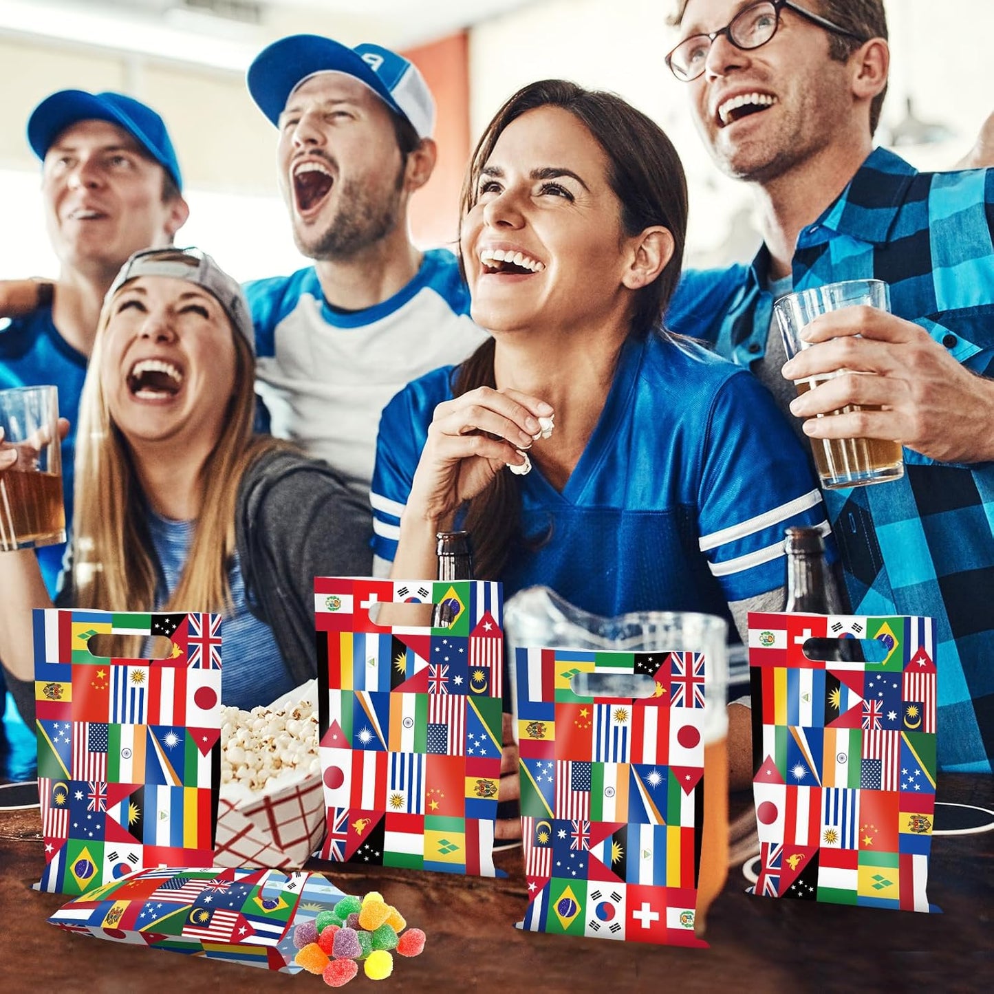 50 Pcs International Flag Plastic Gift Bags,World Flags Treat Goodie Bags with Handle for Soccer Sports Party Celebration School Party Decorations,6.7X 10 Inches