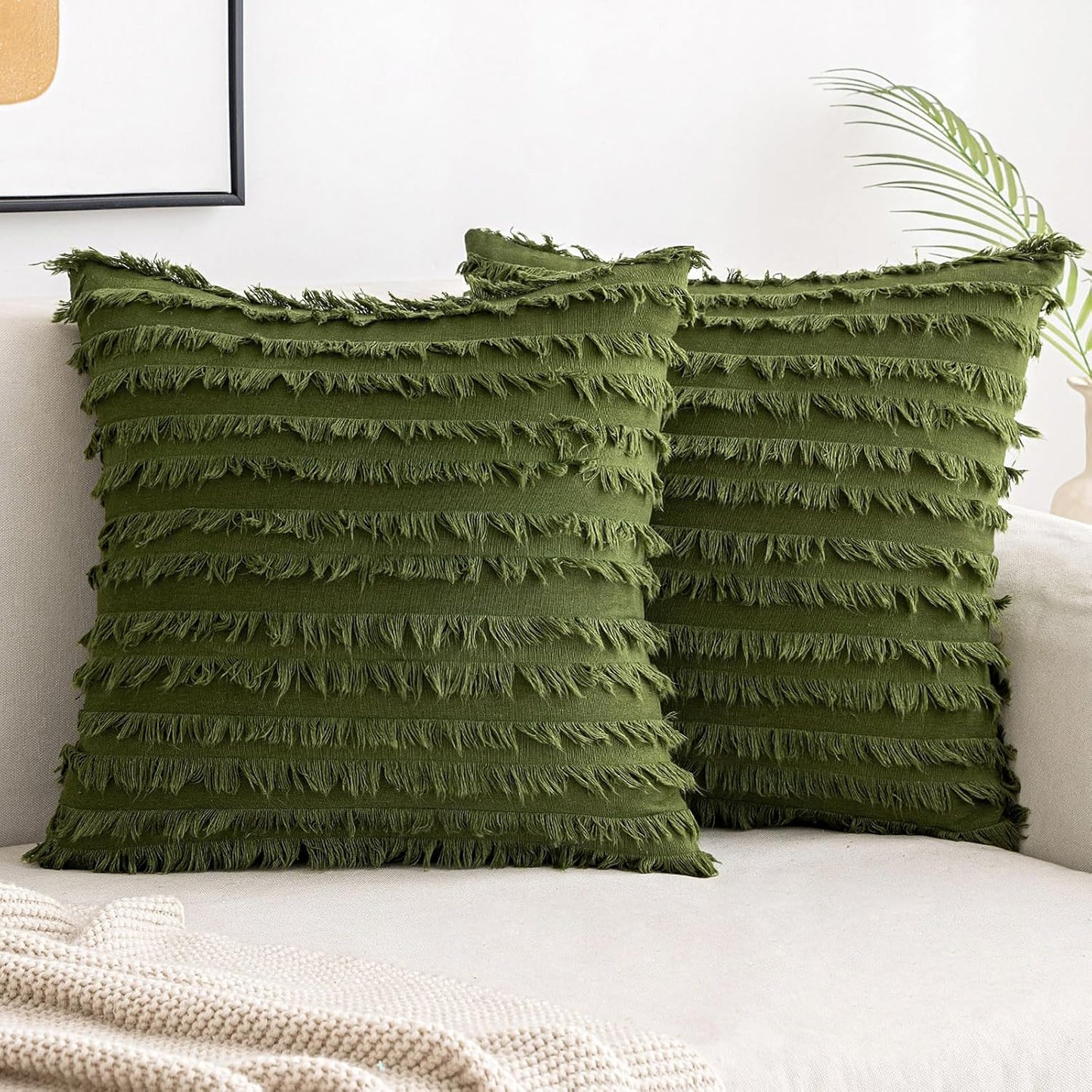 Pack of 2 Decorative Boho Throw Pillow Covers 20X20 Inch Sage Green Pillowcases Linen Striped Jacquard Pattern Pillow Covers Modern Farmhouse Home Decor for Spring Sofa Living Room Couch