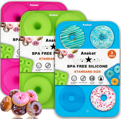 3 Pack Donut Pan Silicone Baking Mold, Just Pop Out! Non-Stick Doughnuts Baking Pans BPA Free for 6 Full-Size Donuts, Muffin, Cake Biscuit Bagels - Oven & Dishwasher Safe (Multicolor)