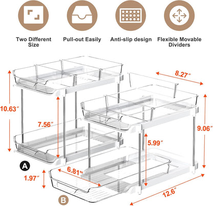 2 Sets of 2-Tier Multi-Purpose Bathroom under Sink Organizers and Storage, Stackable Kitchen Pantry Organization, Pull Out Medicine Cabinet Organizer with 8 Movable Dividers