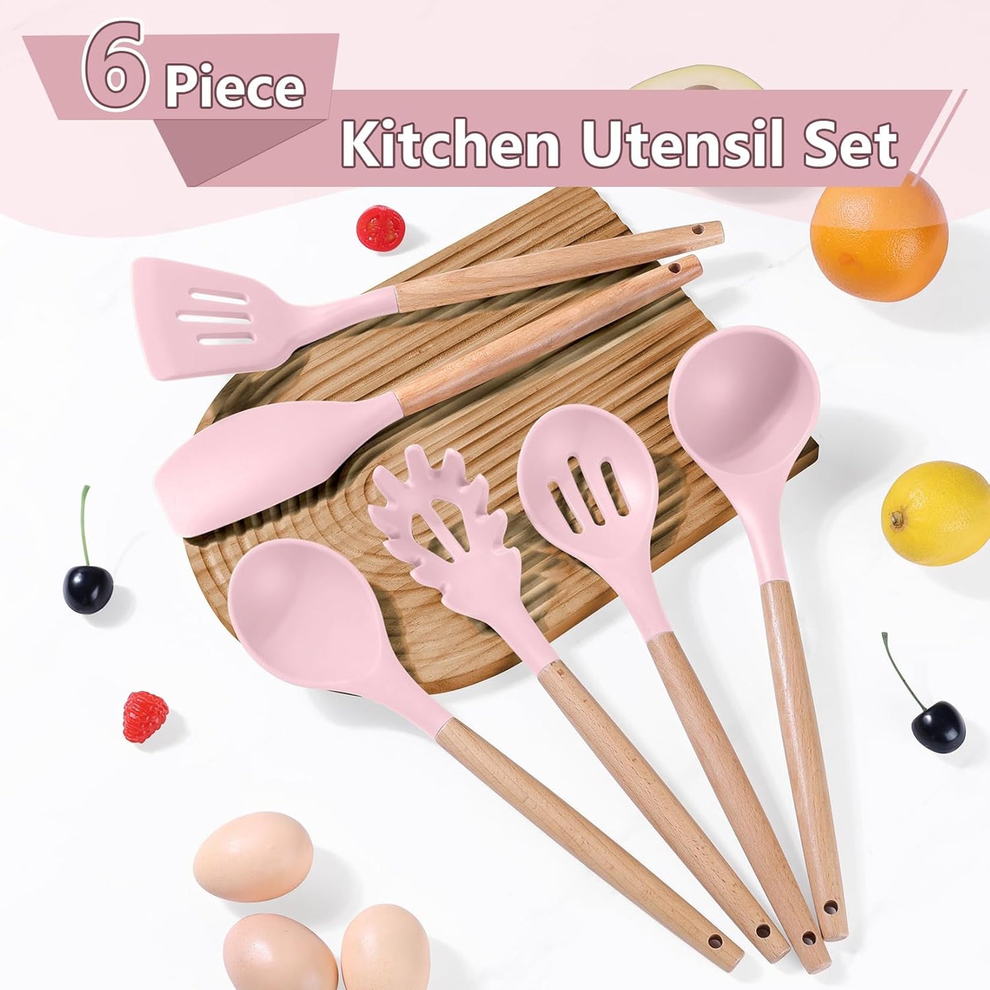 Cooking Utensils Set, 6 PCS Kitchen Utensils with Wooden Handle, Silicone Spatula for Nonstick Cookware, Easy Clean & Non-Toxic, Pink