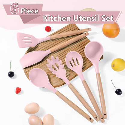 Cooking Utensils Set, 6 PCS Kitchen Utensils with Wooden Handle, Silicone Spatula for Nonstick Cookware, Easy Clean & Non-Toxic, Pink