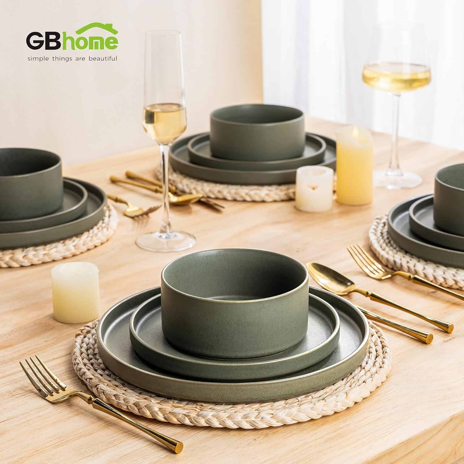 Ceramic Dinnerware Set for Four - Stoneware Plates and Bowls, Chip and Scratch Resistant, Dishwasher, Microwave, and Oven Safe, Reactive Glaze in Green