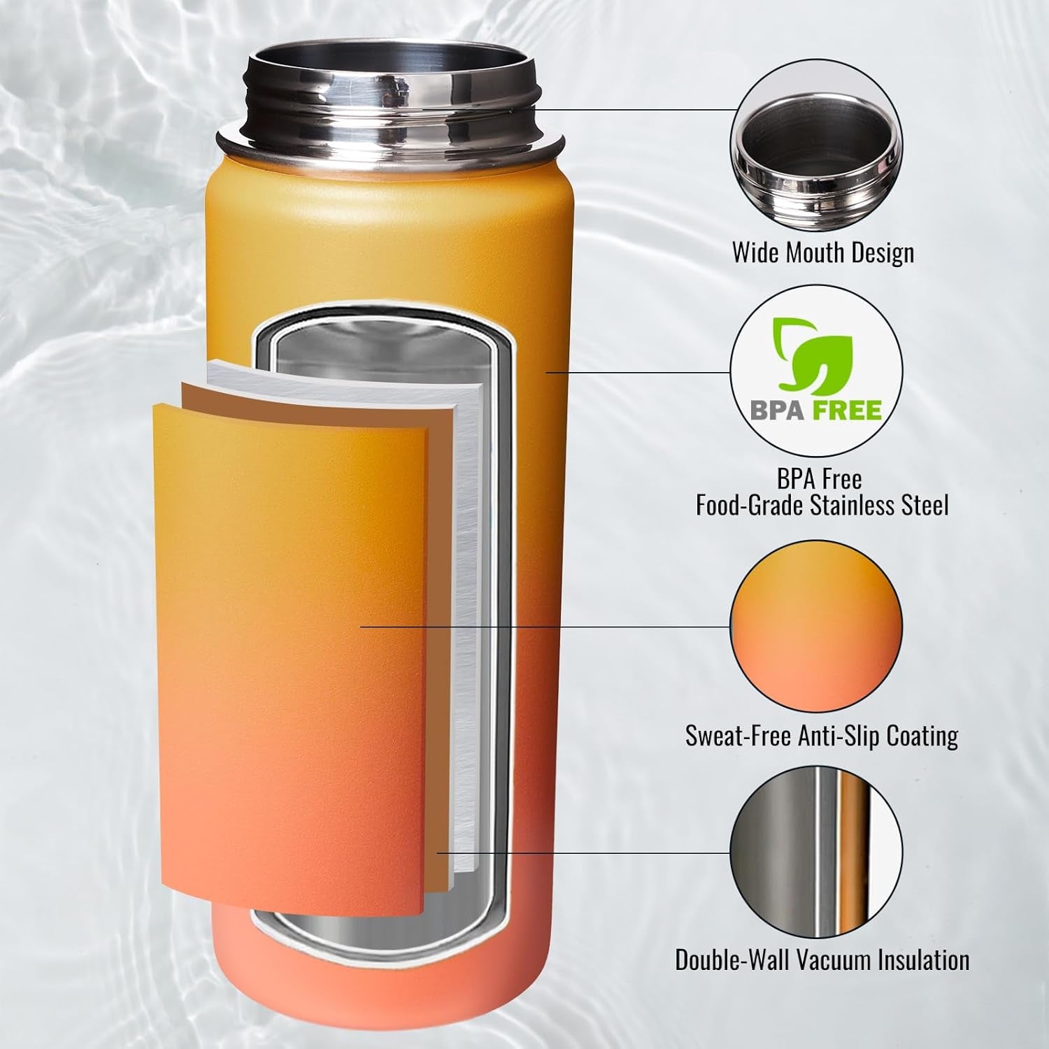 18 Oz Insulated Water Bottle with Handle, 304 Stainless Steel Water Bottles with Wide Mouth, Double Wall Vacuum Sports Water Bottle, BPA Free, Keep Cold and Hot, Yellow&Orange