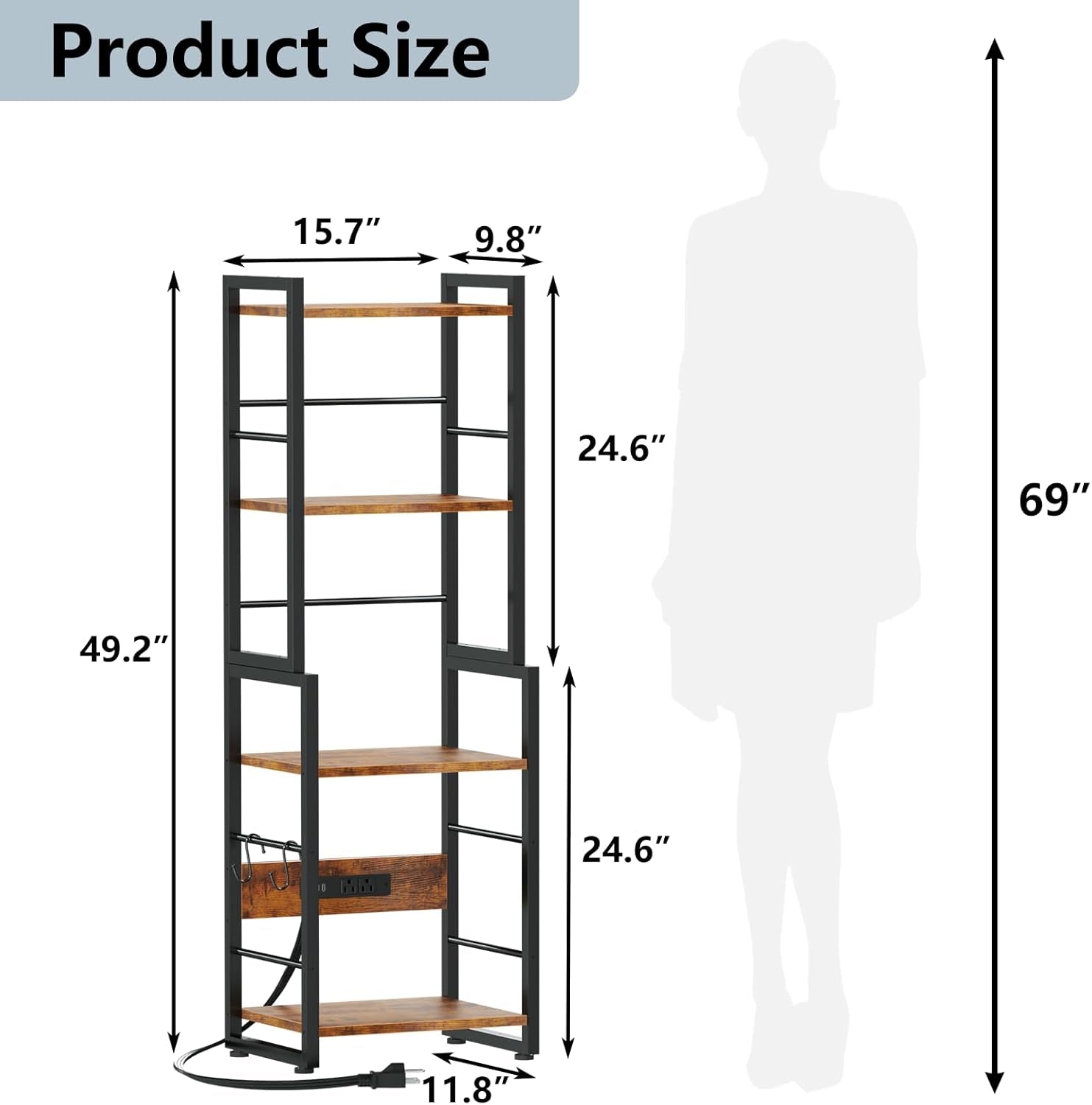 Book Shelf, 4 Tier Bookshelf with Charging Station, Industrial Small Bookcase Set of 2, Display Shelf, Stackable Book Storage Shelves for Bedroom/Living Room/Home Office, Rustic Brown