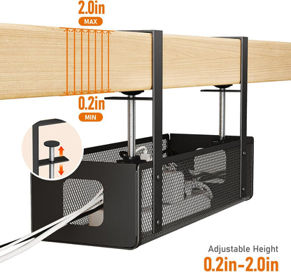 under Desk Cable Management Tray - Cable Management Tray No Drill with F-Clamp Design, Metal Mesh Cord Organizer, Sturdy Wire Organizers for Cords for Home Office Standing Desk, Black