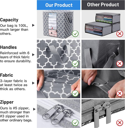 Storage Bags [3 Pack/100L] Large Blanket Clothes Organization and Storage Containers for Comforters,Bedding, Foldable Organizer with Reinforced Handle, Clear Window, Sturdy Zippers,Light Gray