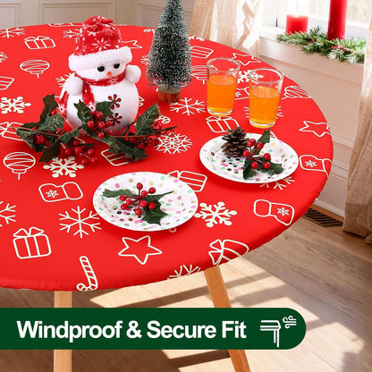 round Spandex Tablecloth, Elastic Fitted Washable Tablecloths for 36"-44" Tables, Waterpoof Stretch Picnic Table Cover for Dining, Indoor and Outdoor, Snowflake
