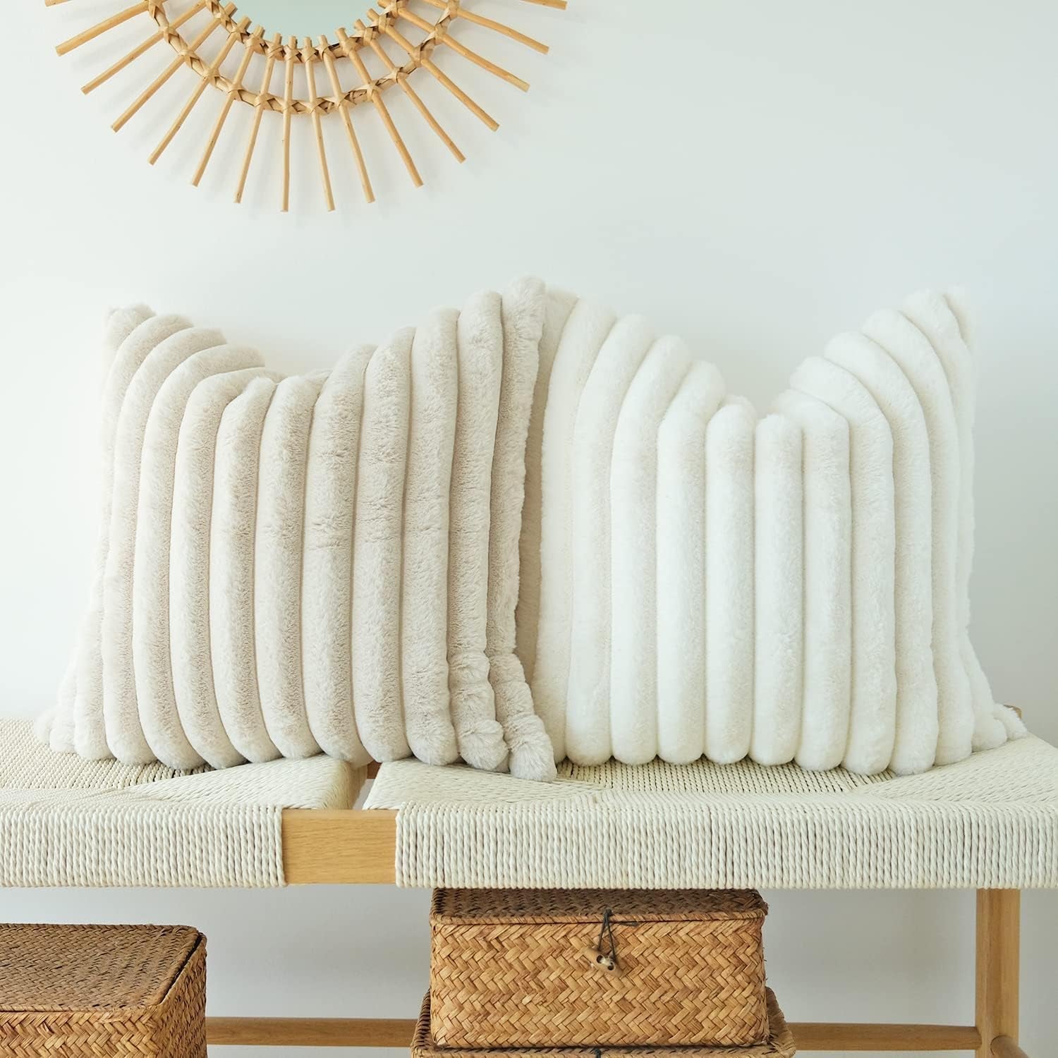 Pack of 2 Faux Fur Plush Decorative Throw Pillow Covers for Home, Couch Cushion Case Soft Solid Pillowcases (Beige, 20 X 20-Inch)