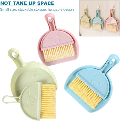 3PCS Mini Broom and Dustpan Set for Home, Car, Kitchen, Table, Kids - Durable Plastic Bristles, Handheld, Hangable, 3 Colors