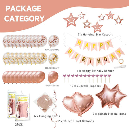 Rose Gold Happy Birthday Party Decorations for Girls, Happy Birthday Banner, Rose Gold Fringe Curtain, Hanging Swirls, Heart & Star Foil Balloons, Confetti Latex Balloons, Party Supplies for Women
