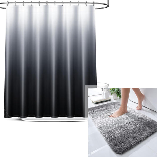 Ombre Bath Rug and Shower Curtain, Bath Rug Size 30X20 in Grey and Shower Curtain 72X72 in Black Grey, 2 Item Bundle