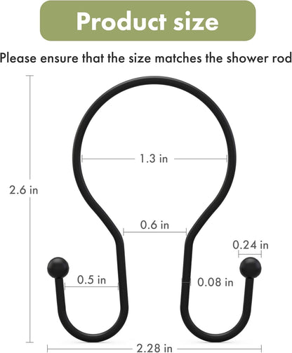 Shower Curtain Hooks Black Shower Curtain Rings, Simple Double Hook Shower Curtain Hooks Rust Proof, Smooth Sturdy Metal Shower Hooks for Shower Curtain Rod, 12 Pcs Shower Rod Hooks