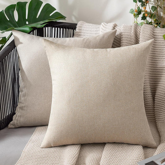 Pack of 2 Decorative Outdoor Solid Waterproof Throw Pillow Covers Faux Linen Garden Farmhouse Cushion Cases for Patio Tent Balcony Couch Sofa 18X18 Inch Beige