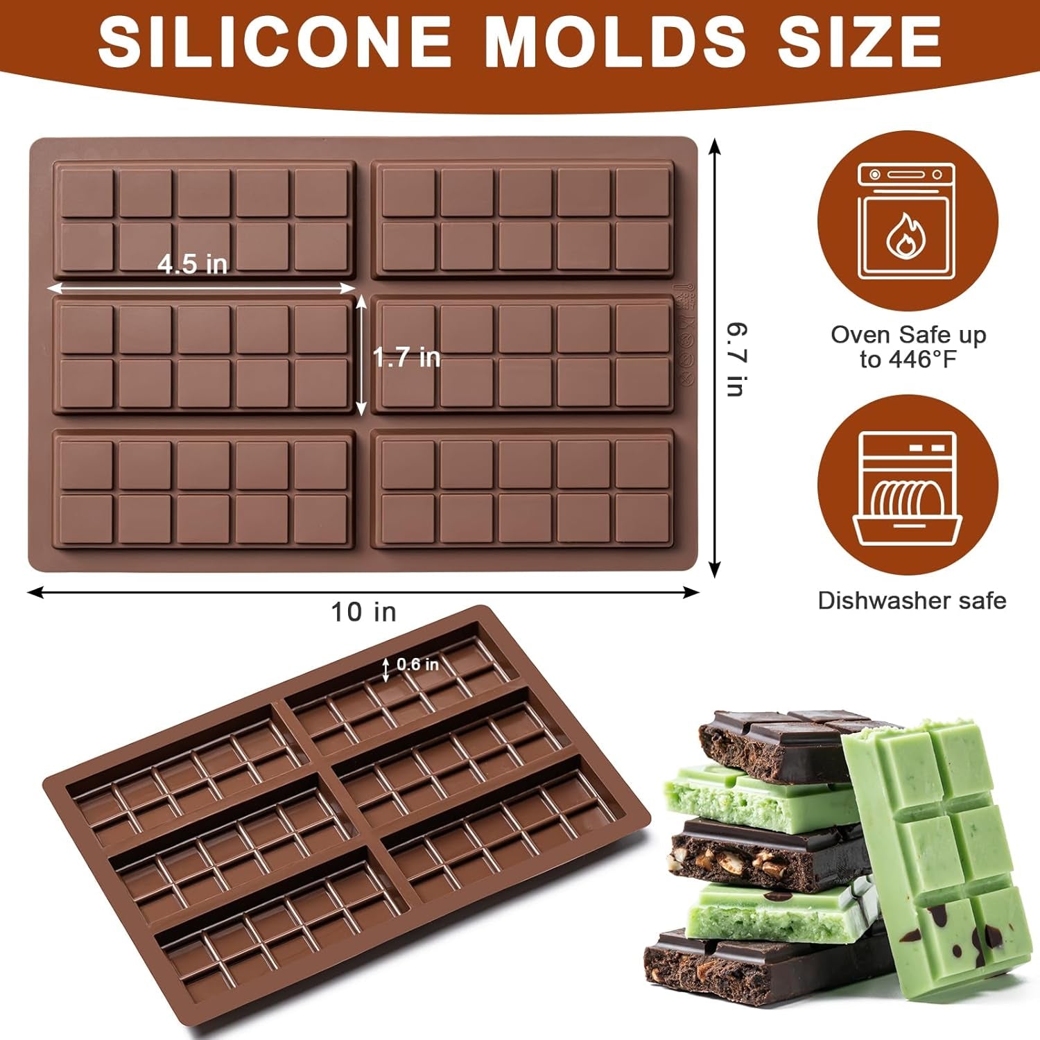 Chocolate Bar Mold,Non-Stick Chocolate Molds, 100% Food Grade Silicone Deep Mold for Dubai Pistachio Rod, Candy, Snacks, Knafeh Pistachio Rod and More(10 Snap)