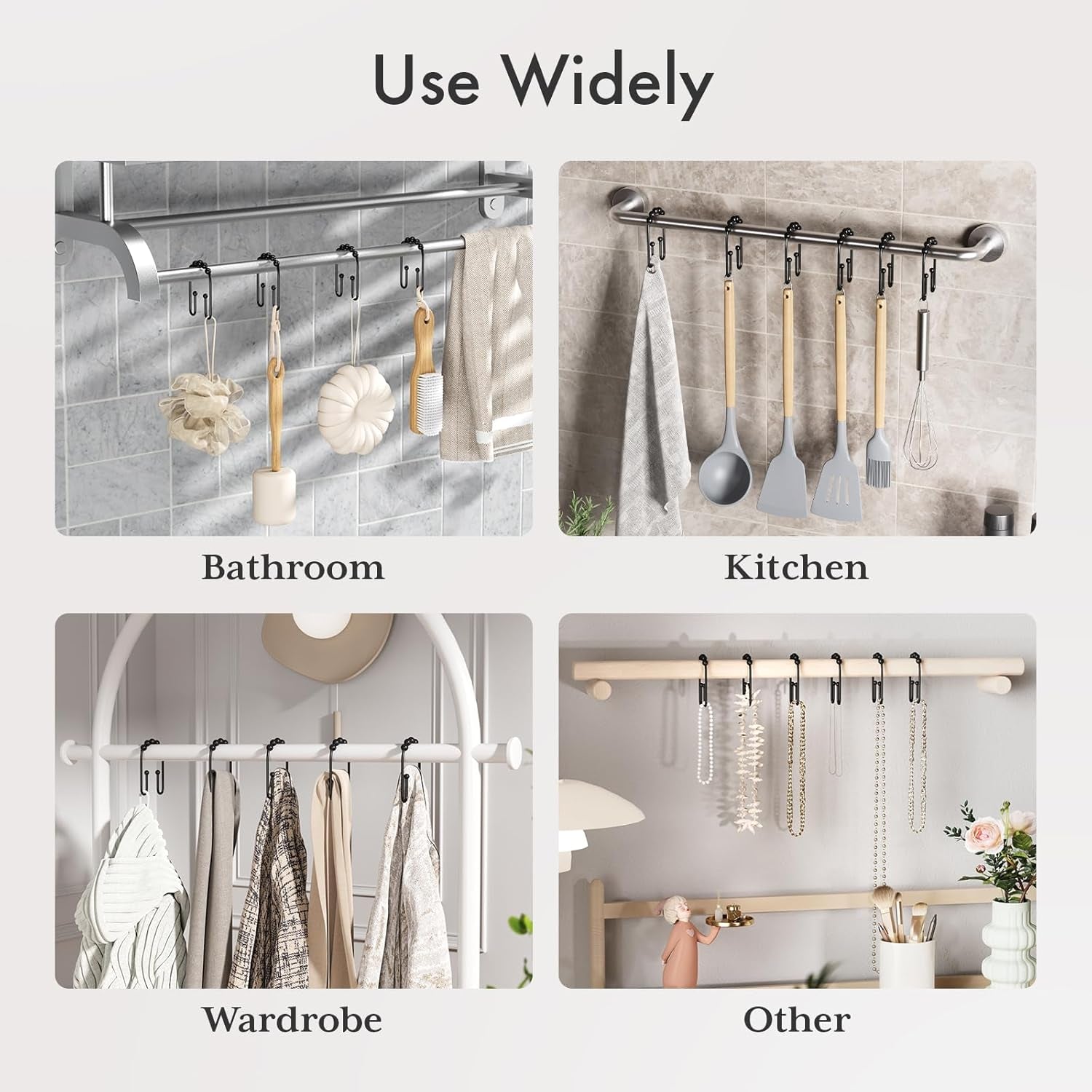 Shower Curtain Hooks, Black Rust Proof Non-Slip Double Hooks for Shower Curtain, Sturdy Metal Rings Bathroom 12Pcs